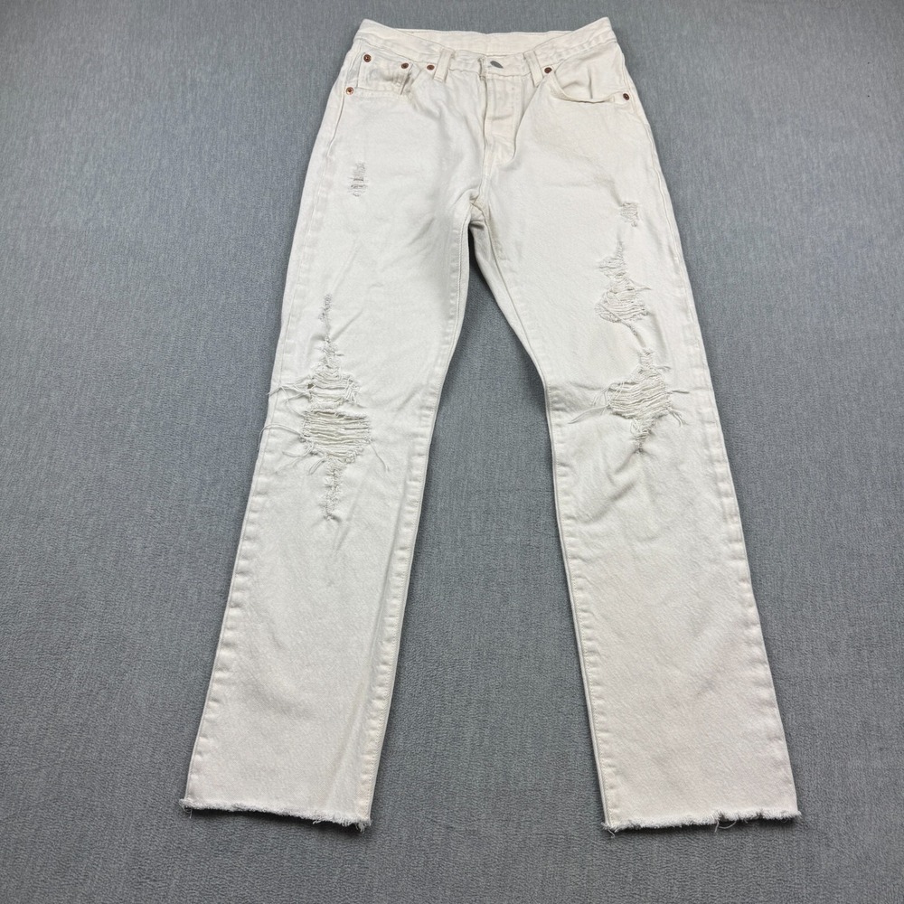 Levis 501 Jeans Womens 26X28 White Denim Button Fly Distressed Classic‎ Pants